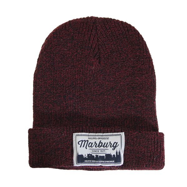 Beanie, dark heather burgundy, label